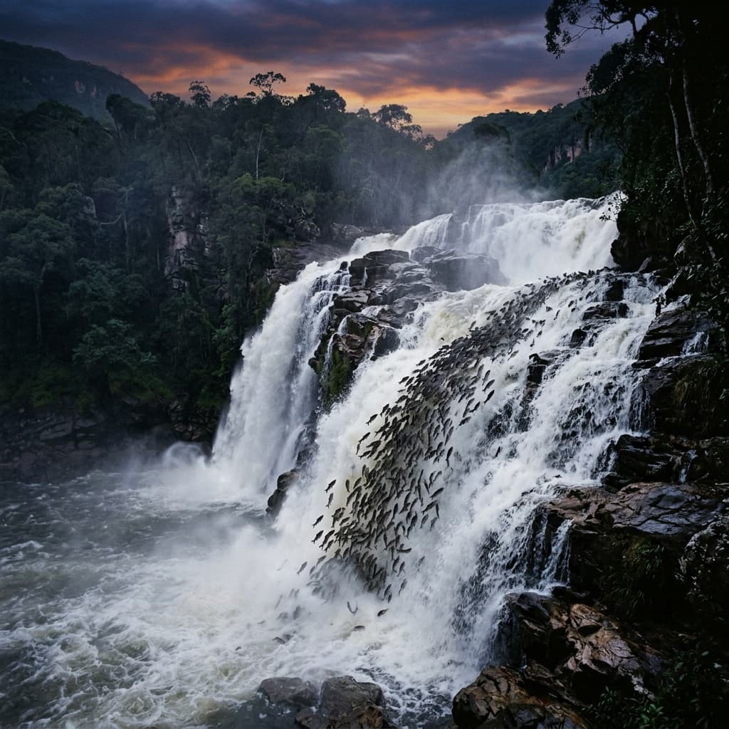 Cachoeira do Sossego com milhares de bagres escalando ao entardecer