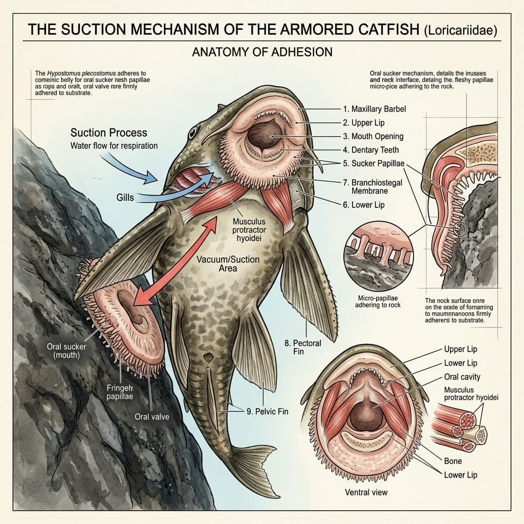 Diagrama ilustrando o mecanismo de sucção ventral do peixe