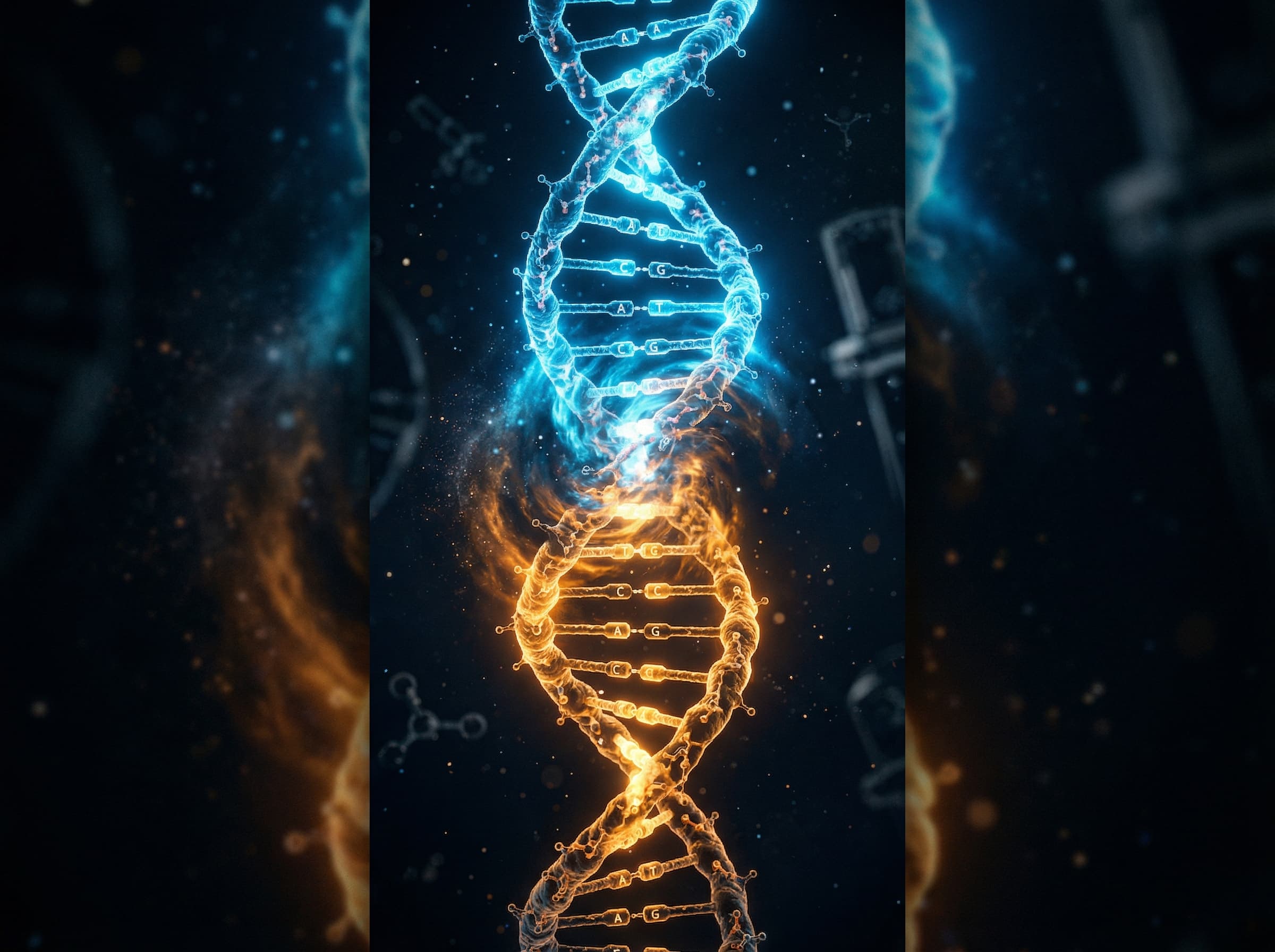 Dupla hélice de DNA brilhando em luz azul e âmbar simultaneamente, representando juventude e envelhecimento em conflito
