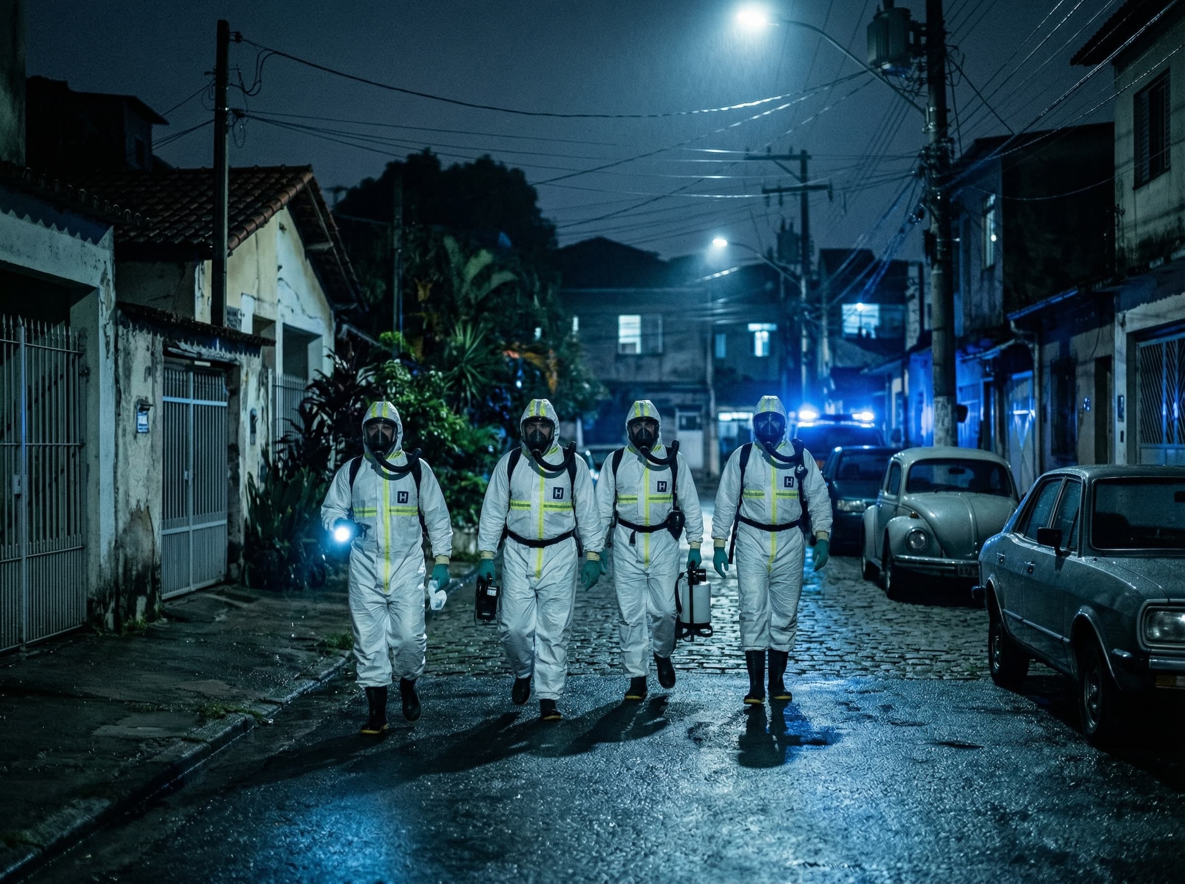 Equipes de descontaminação com trajes de proteção indo ao local do acidente com Césio-137 em Goiânia, 1987