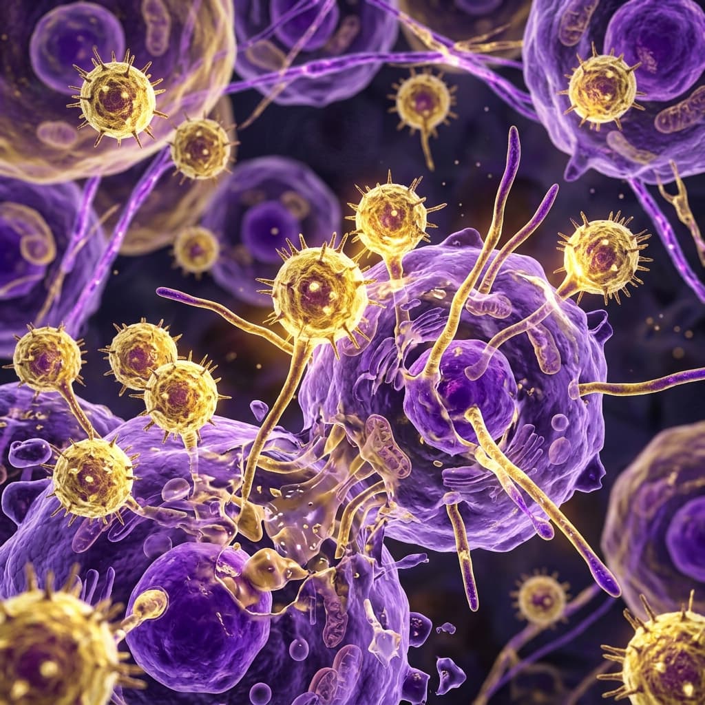 Ilustração científica de esporos fúngicos atacando células