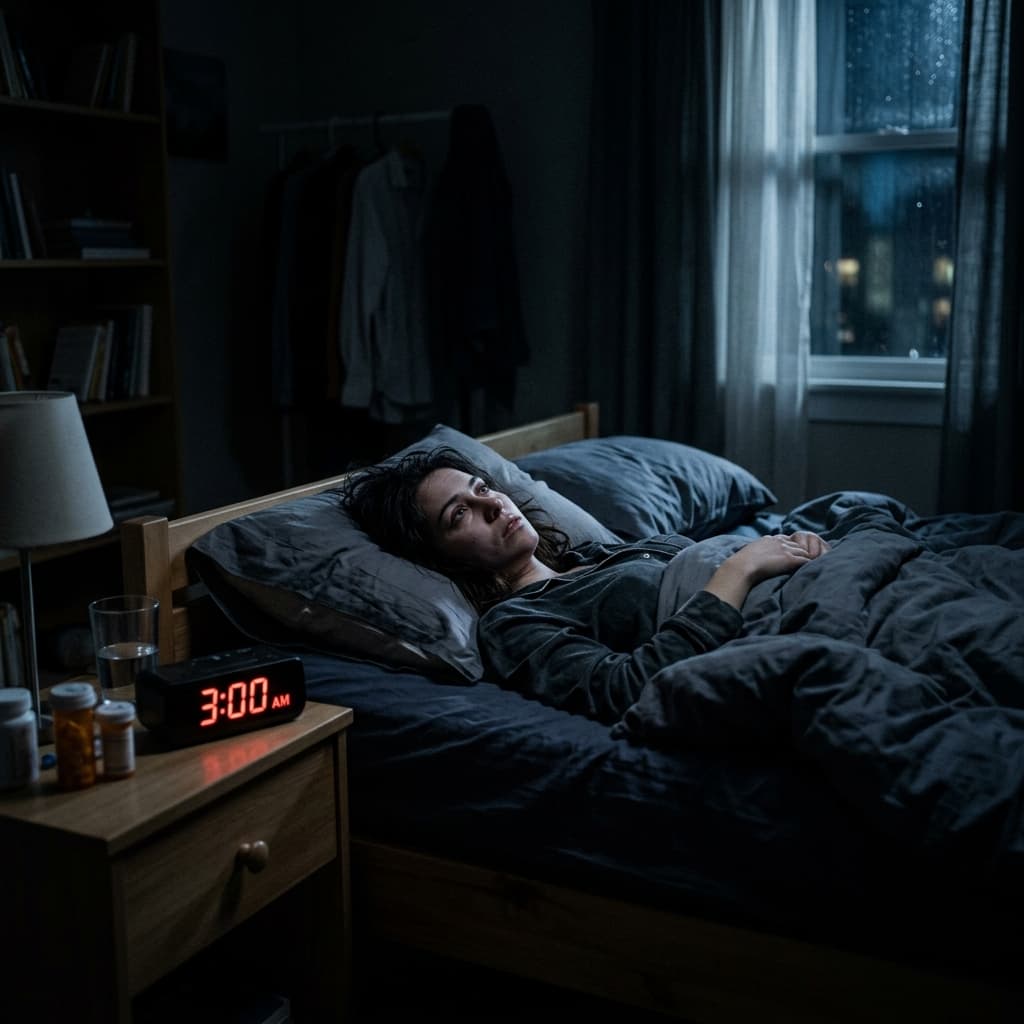 Pessoa acordada no escuro de um quarto, relógio marcando 3 da manhã, luz dramática