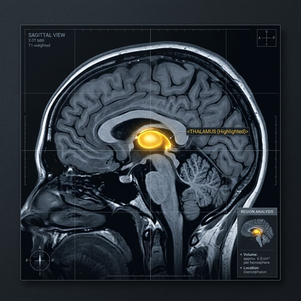 Scan cerebral MRI com o tálamo realçado em luz brilhante sobre fundo escuro