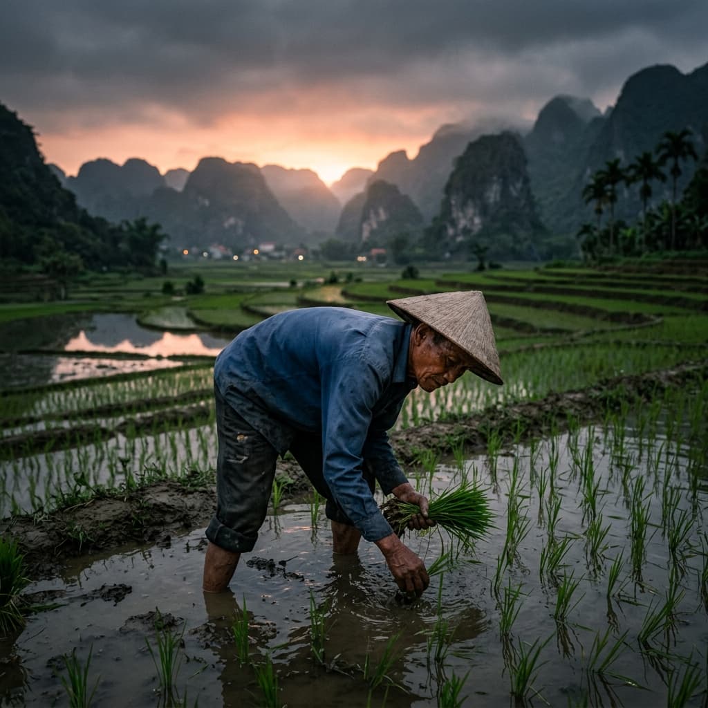 Idoso vietnamita trabalhando em campo agrícola sob luz mística do amanhecer