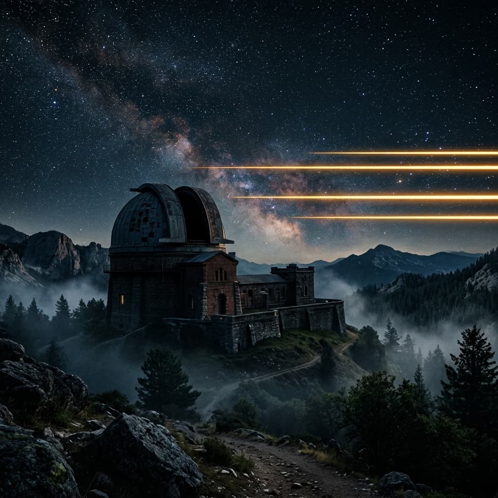 Observatório astronômico antigo à noite com flashes âmbar misteriosos no céu estrelado