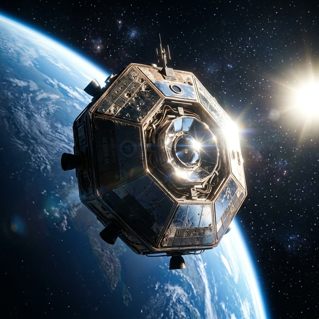 Renderização 3D de uma sonda metálica futurística em órbita da Terra refletindo luz solar