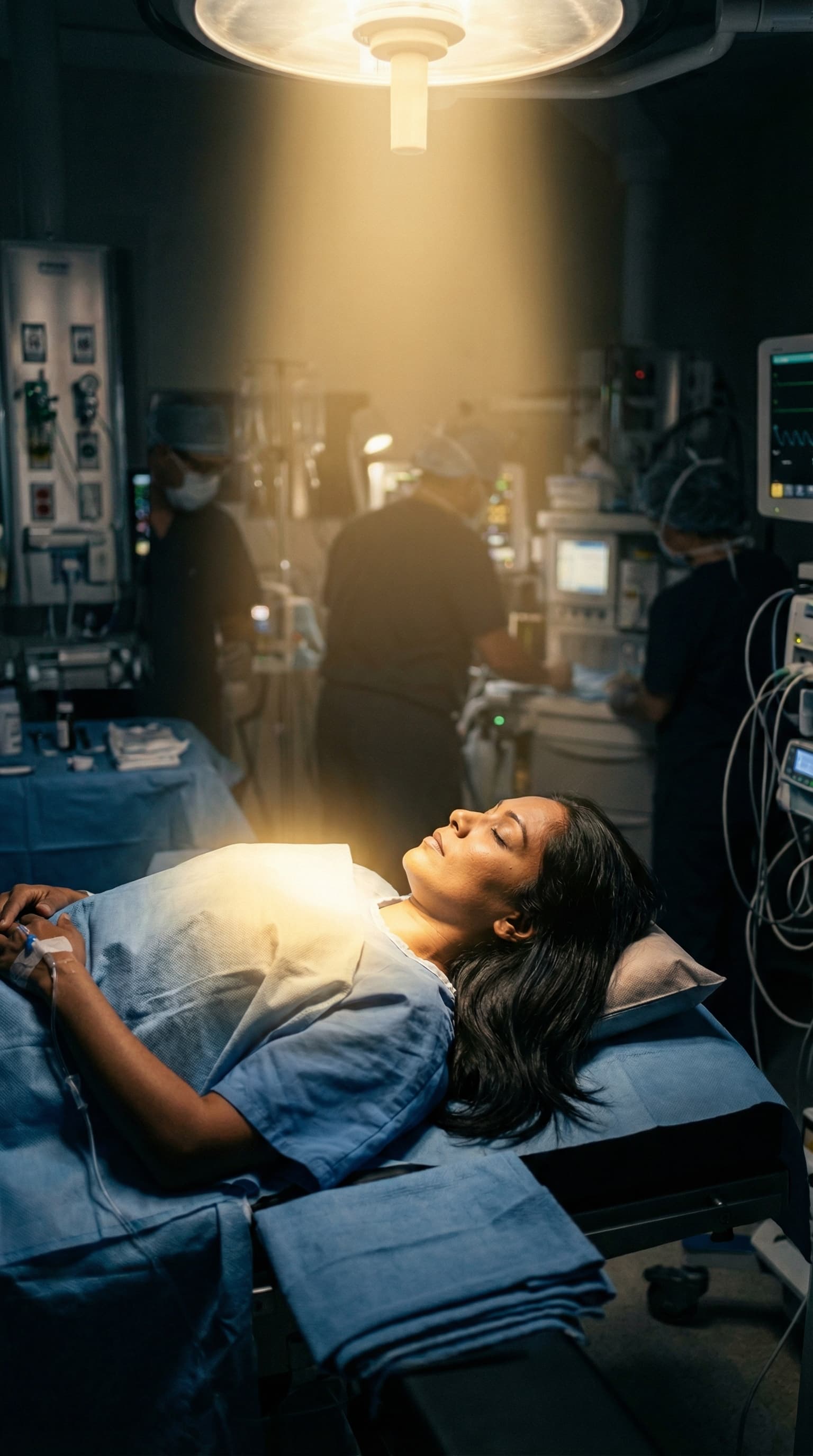 Corredor hospitalar escuro com luz intensa ao fundo, representando a experiência de quase morte mais documentada da medicina