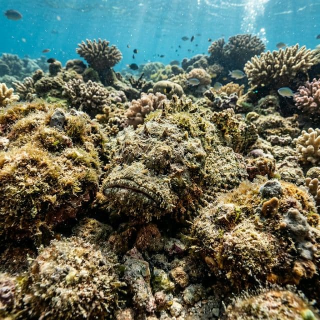 Mestre da camuflagem: o Peixe-Pedra invisível no fundo do mar