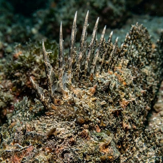 Close nos 13 espinhos venenosos do Peixe-Pedra